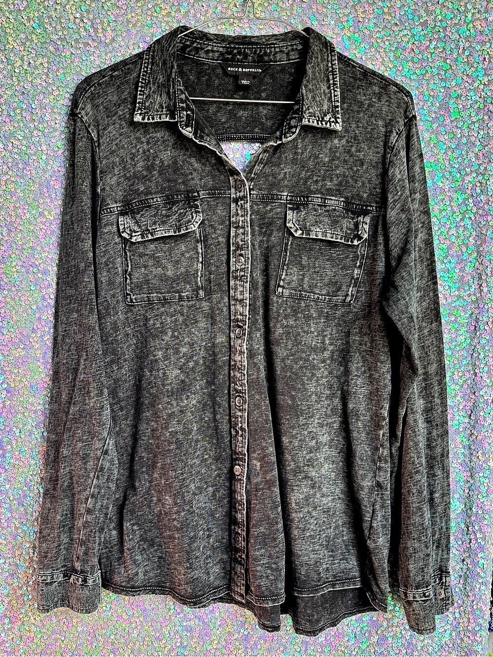 Rock & Republic Black & Dark Green Button Down Shirt w/ Open Back